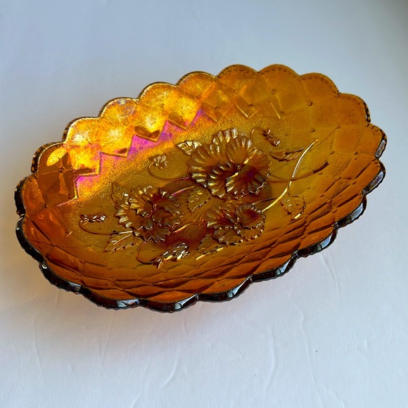VTG Pansy Flower Marigold Carnival Glass Oval Footed Candy Dish Relish Tray - Picture 3 of 9